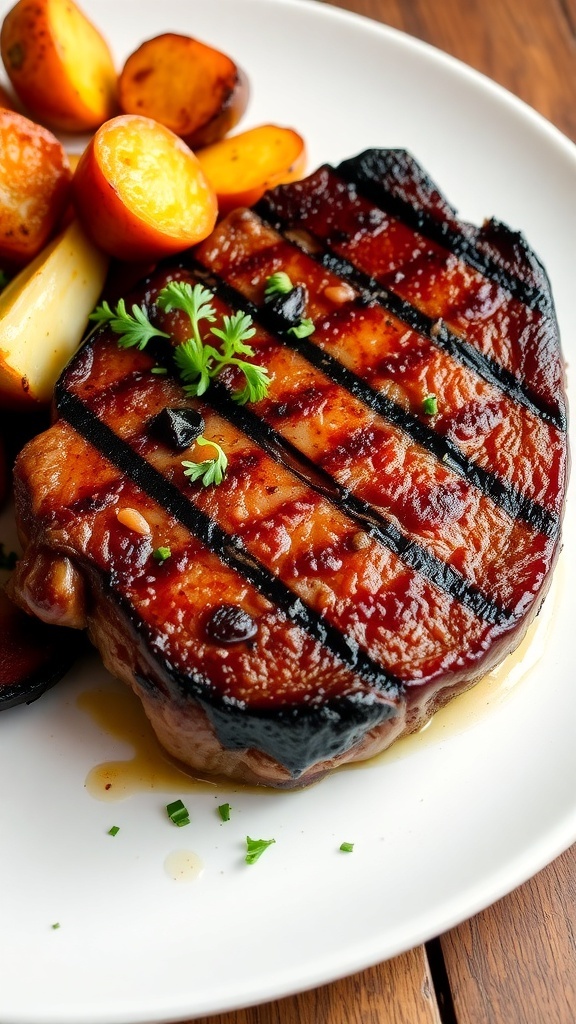 Juicy grilled steak with herbs on a plate, served with roasted vegetables on a wooden table.